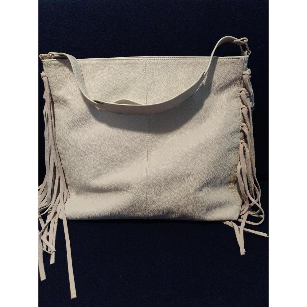 Expressions NYC Womens Handbag Ivory Fringe Large Faux Leather 14"x12" Boho Chic